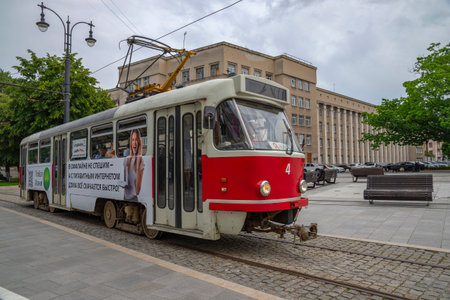 VLADIKAVKAZ, RUSSIA - JUNE 13, 2023: Old tram in the city center. Vladikavkaz. North Ossetia-Alania. Russiaのeditorial素材
