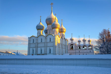 A fragment of the old Kremlin in the rays of the rising sun. Rostov Veliky, Yaroslavl region, Russiaの写真素材