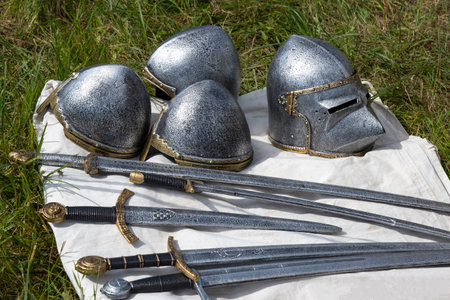 NOVGOROD REGION, RUSSIA - JULY 21, 2023: Medieval weapons on canvas