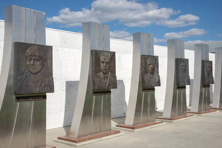 SARATOV REGION, RUSSIA - MAY 04, 2024: Fragment of the cosmonauts gallery. The Park of space...