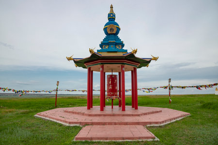 ELISTA, RUSSIA - Buddhist gazebo with prayer in the steppe of Kalmykia. Russiaの写真素材