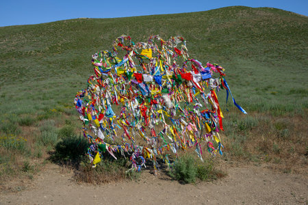ASTRAKHAN REGION, RUSSIA - The Tree of desires at the sacred mountain Bolshoe Bogdo. Astrakhan region, Russiaの写真素材