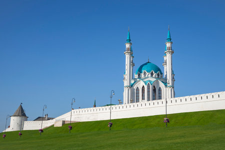 Early morning at the Kremlin walls, Kazan, Republic of Tatarstan, Russiaの写真素材