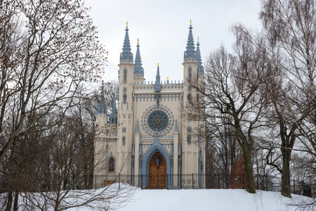 The old Church-chapel of St. Alexander on a cloudy winter day. Peterhof