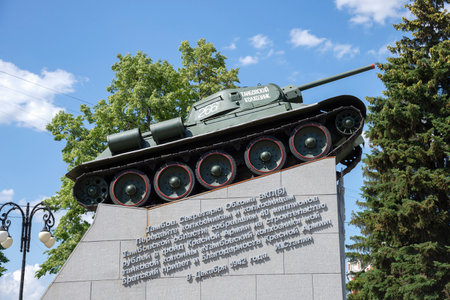 TAMBOV, RUSSIA - JUNE 03, 2023: Monument "Tambov Kolkhoznik" (T-34 tank) close-up, Tambov, Russiaのeditorial素材