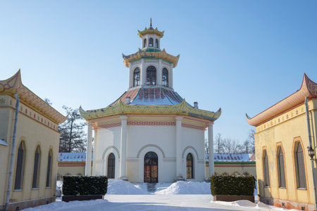 PUSHKIN, RUSSIA - FEBRUARY 21, 2023: The ancient pavilion of the Chinese Village. Alexander Park, Tsarskoye Selo, Russiaのeditorial素材