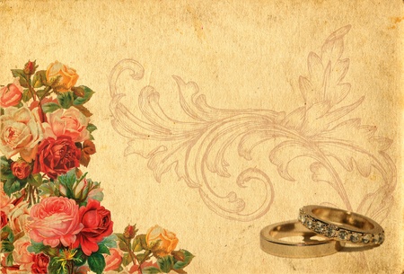romantic  vintage retro background with roses and wedding ringsの写真素材