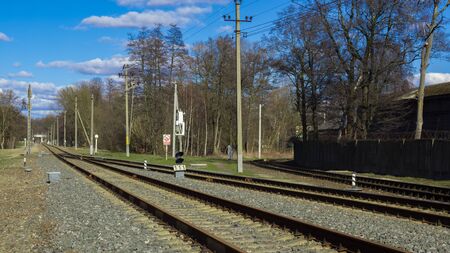 Railway traffic lights show a stop signal .の写真素材