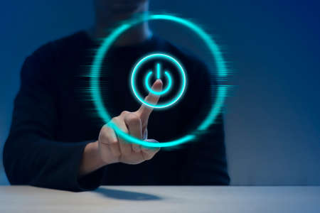 Touch render power button on touchscreen technology. Metaverse Concept.の写真素材