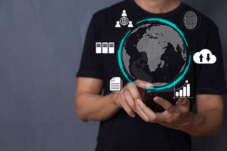 Businessman using smart phone to do online transactions with internet technology, concept of global...
