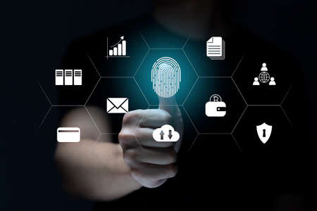 Person touching virtual screen to scan fingerprints, digital transformation management concept....