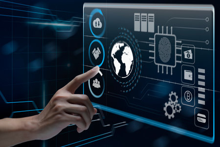 Businessman touches virtual screen technology to do online transactions via internet Connect data to...