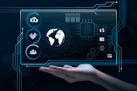 Hand holding virtual screen to do online transactions with internet technology, concept of global...