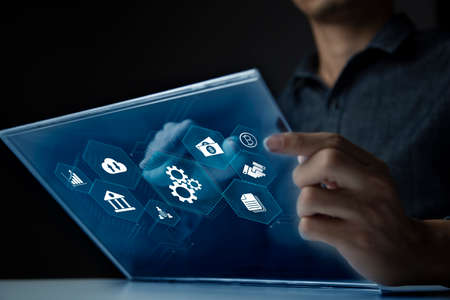 Businessman using tablet and virtual touch screen to online transactions with internet technology,...