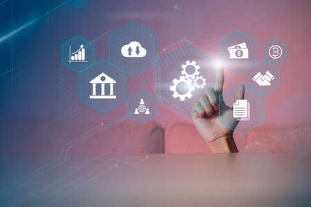Businessman using virtual touch screen to online transactions with internet technology, concept of...