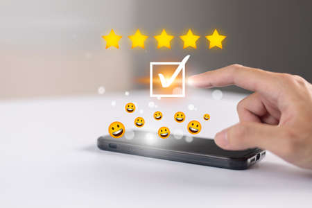 Satisfaction and customer service survey concept, business people using  smartphone. to answer the...