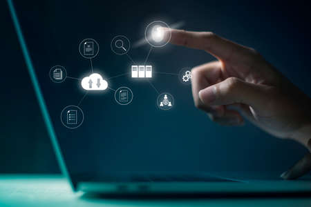 Document Management System (DMS) Online Document Database and automated processes to manage files, knowledge, and documents in an organization effectively with ERP, enterprise business technology.の写真素材