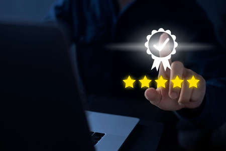 Businessman touch sign of leading service, 5 star quality assurance, warranty, standardization, ISO...