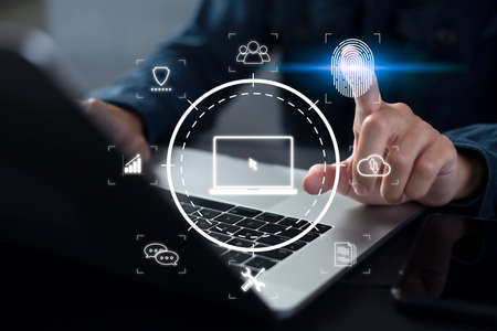 Person touching virtual screen to scan fingerprints, digital transformation management concept....