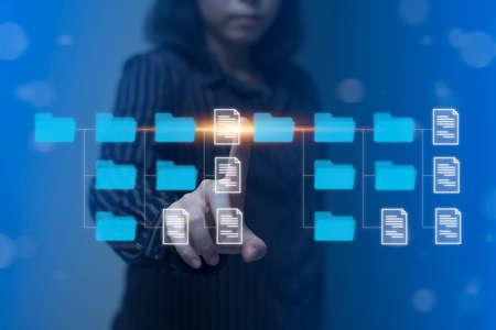 Document Management System (DMS) Online Document Database and automated processes to manage files, knowledge, and documents in an organization effectively with ERP, enterprise business technology.の写真素材