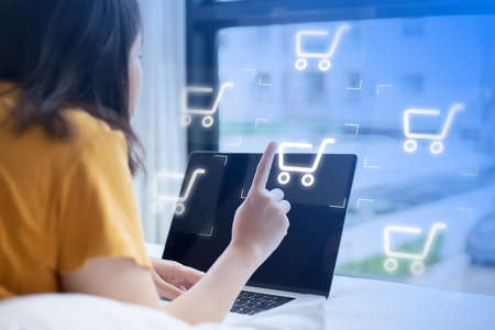 shopper using laptop online shopping. And online payment option or digital wallet online transaction...