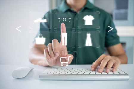 person using computer and touch virtual screen online shopping. And online payment option or digital...