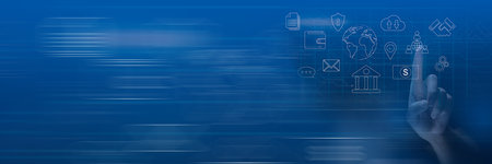 Businessman using laptop and virtual touch screen to online transactions with internet technology, concept of global data connection by internet technology, big data, and marketing informationの写真素材