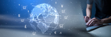 Online shopping concept through the internet and the use of currency exchange rates.Payment via...