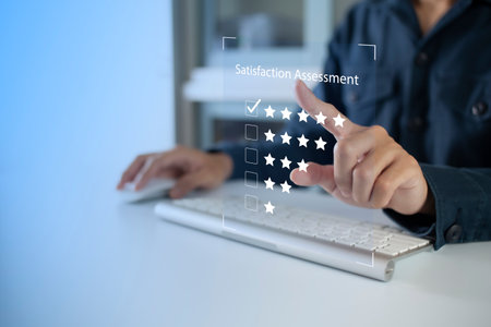 Satisfaction and customer service survey concept, business people using  laptop. to answer the...