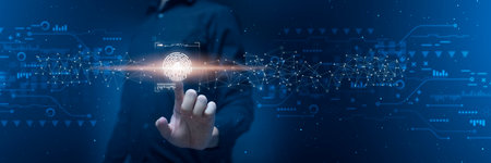 Person touching virtual screen to scan fingerprints, digital transformation management concept....