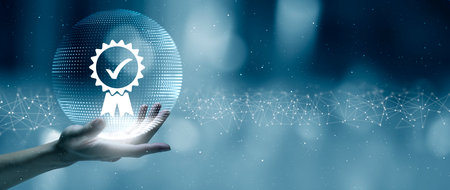 Businessman showing sign of leading service, quality assurance, warranty, standardization, ISO certification and standardization concept.の写真素材