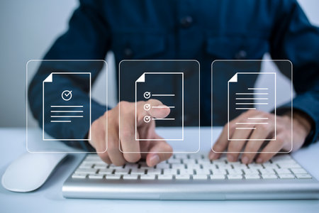 Document Management System Online Document Database and automated processes to manage files and ERP, enterprise business technology. businesswomen using virtual screen to DMS.の写真素材