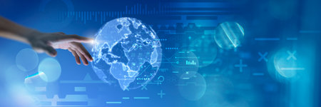 Businessman touching abstract world and background geometric with icons for Science and business...