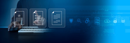 Document Management System DMS Online Document Database and automated processes to manage files, knowledge, and documents in an organization effectively with ERP, enterprise business technology.の写真素材