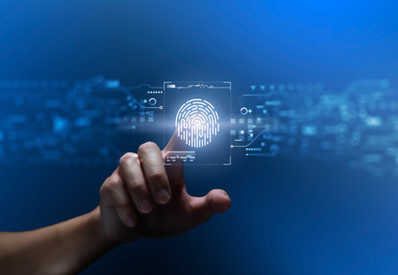 Person touching virtual screen to scan fingerprints, digital transformation management concept. Internet of Things, Big Data and Business Processes, Automation, Storage Systems, Cloud Computingの写真素材
