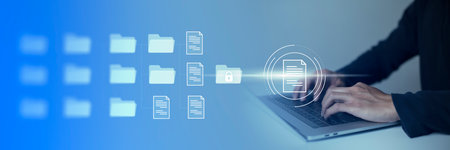 Document Management System DMS Online Document Database and automated processes to manage files, knowledge, and documents in an organization effectively with ERP, enterprise business technology.の写真素材