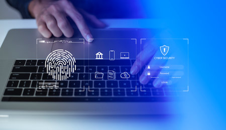 Person touching virtual screen to scan fingerprints, digital transformation management concept. Internet of Things, Big Data and Business Processes, Automation, Storage Systems, Cloud Computingの写真素材