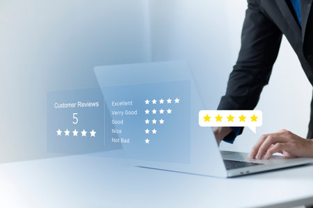 Satisfaction and customer service survey concept, business people using  laptop. to answer the...