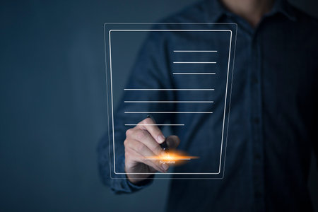 Businessman sign digital contracts and approve documents online. approves online transaction through e signing using electronic signature. on digital documentsの写真素材