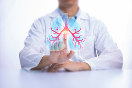 Pulmonologist doctor showing off virtual screen of lung medical issue. Healthcare medical technology concept.の写真素材