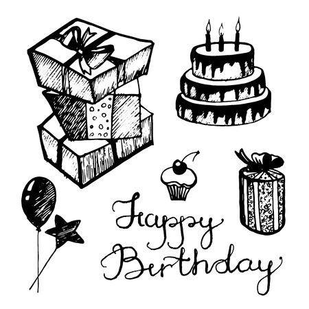 Vector birthday attributes, set of sketchesのイラスト素材