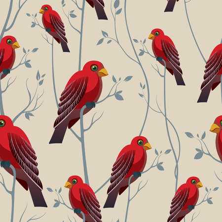 Bird on a branch. Seamless pattern with red birdsのイラスト素材