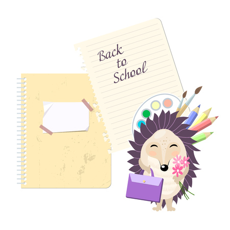 Stylish inspiration card in cute style with cartoon hedgehog. Template for print design.Back to school.のイラスト素材