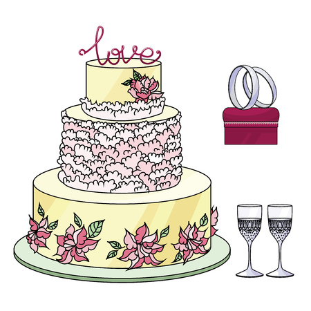 set of wedding decorative elements and attributes in linear sketch.のイラスト素材