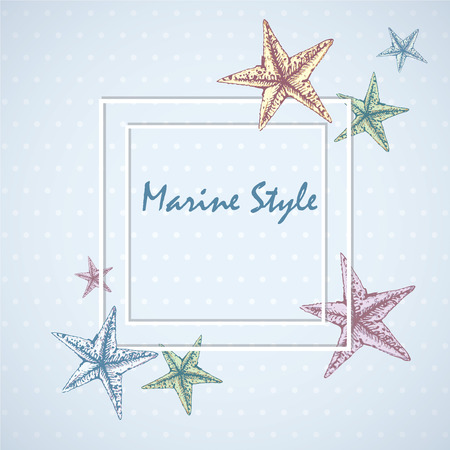 Decorative square frame for text with starfishes on blue background.のイラスト素材