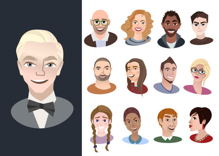 Set of international cartoon avatar icons. Portraits of young women and men.のイラスト素材