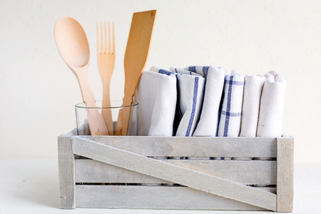 Some kitchen items on white background. Napkins, appliences. White background.の写真素材