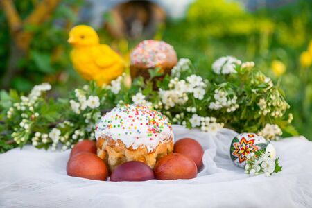 Easter spring russian cake and eggs in the gardenのeditorial素材
