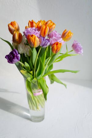 Bouquete of colorful spring tulips on white background in a sunny day. Purple, orange and white fresh flowers.の写真素材