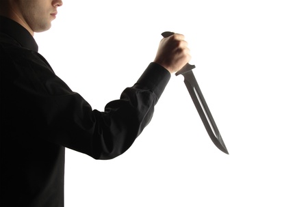 Man hold knife - aggression isolated on white backgroundの写真素材